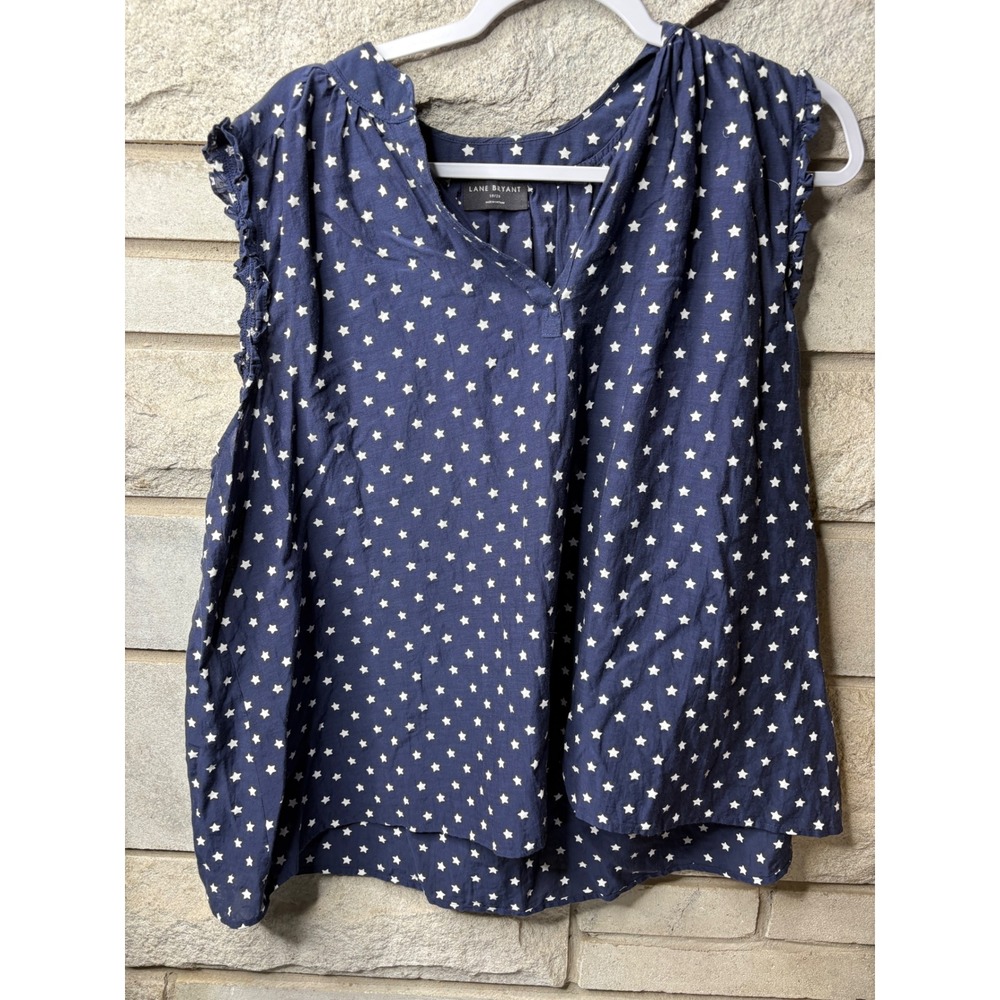 Lane Bryant Navy Blue White Star Print Ruffle Sleeveless V-Neck Blouse Top 18/20